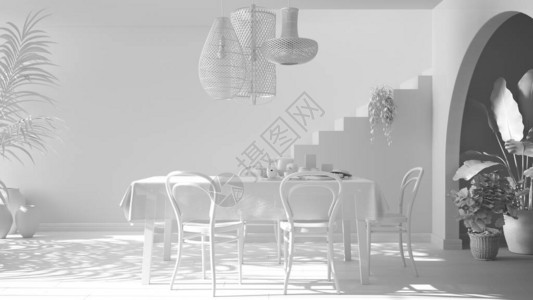 全白色项目草稿带桌椅的复古餐厅自助早餐经典吊灯带盆栽植物的拱门最小的楼图片