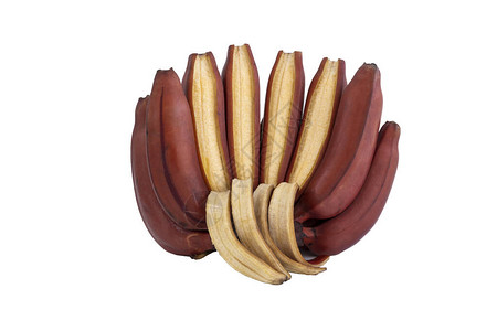 新鲜的红香蕉隔离在白色背景上一组带有红紫色皮肤的香蕉品种Musaacuminata红达卡品种比黄香蕉含有更多的胡萝卜背景图片