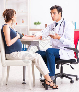 检查怀孕妇女血压的年轻青年医生负图片