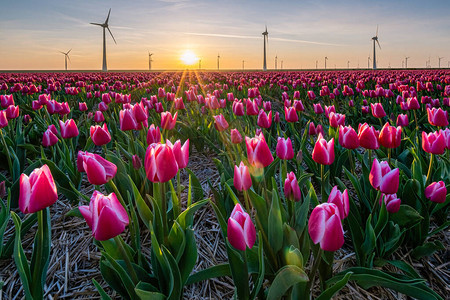 日落时红粉色郁金香在荷兰Noordoostpodder提交郁金花美丽的夕阳颜背景图片