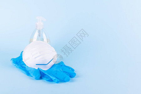 用于预防感染的防护套件凝胶洗手液面罩蓝色乳胶手套图片