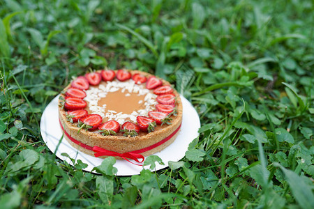 绿色草地上带草莓的蛋糕或甜点图片