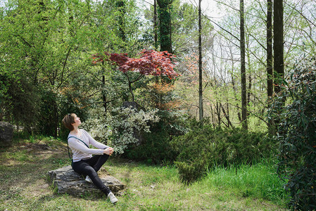 坐在野木或公园的石块上阳光和森林沐浴的Sinrinyoku概念户外横向生活方式照片图象等图片