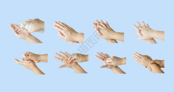 收集7步女用酒精凝胶洗手隔离柔和的蓝色背景剪裁路径保健概念和洗手以防止细菌细菌和冠状或co图片