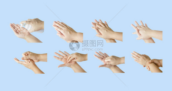 收集7步女用酒精凝胶洗手隔离柔和的蓝色背景剪裁路径保健概念和洗手以防止细菌细菌和冠状或co图片