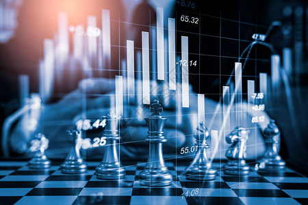 股票市场棋盘上的国际象棋游戏或金融投资概念的外汇交易图表数字业务营销策略分析的经济趋势抽图片