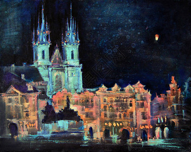 夜布拉格廷教堂老城广场明亮饱和的油画以印象派风格描绘了城市景观厚重富有表现力的笔背景图片