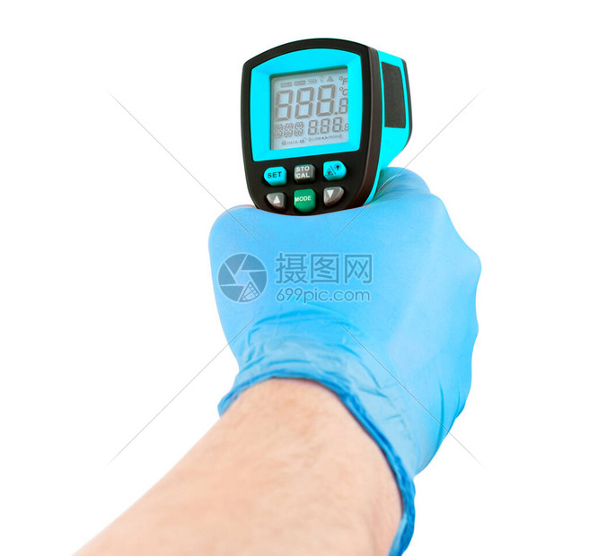 用蓝色医用乳胶手套瞄准在白色背景带有所符号的模拟显示状态上被隔离的无红外线图片