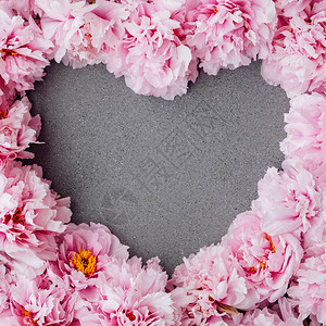 用在灰色背景上盛开的粉红色牡丹制成的心形花卉框架图片