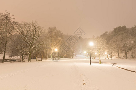 深夜在雪地公园里黑暗的街图片