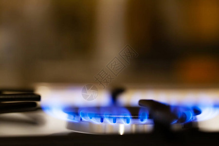简单烧燃煤气厨房炉灶燃烧器宏观极端封闭浅深的田地清蓝丁烷火焰烹饪复制空间侧视图图片