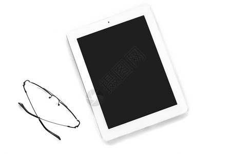 白背景上孤立的平板电脑和眼镜双子或教育概念顶图片
