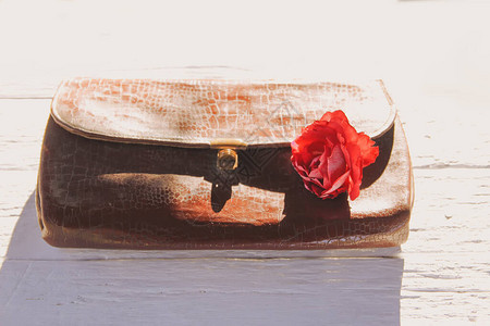 旧皮革复古标线袋与玫瑰图片