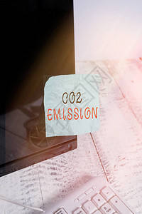 显示Co2排放的文本符号商业照片文本随着时间的推移将温室气体释放到大气中贴在白色键盘附近的黑色计算机显示器屏背景图片