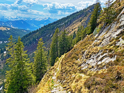 在皮拉图斯地块的斜坡和山脚下的高山谷中步行远足运动和娱乐的小径图片