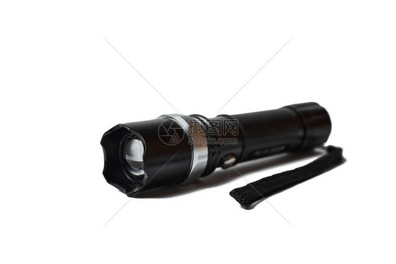 可移动的黑色手电筒在白色背景上被孤立闪光灯有可变光学焦点图片