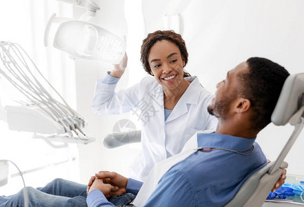 非洲女牙医在治疗前开灯向男病人微图片