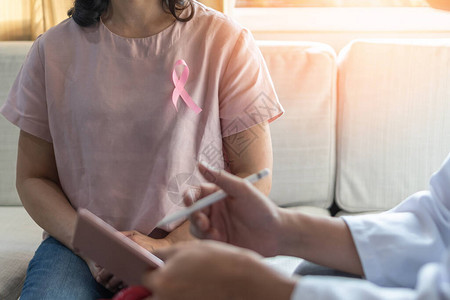 女患者与在医疗诊所或医院对妇产科女疾病进行诊断检查的医生咨询时佩戴乳腺癌背景图片
