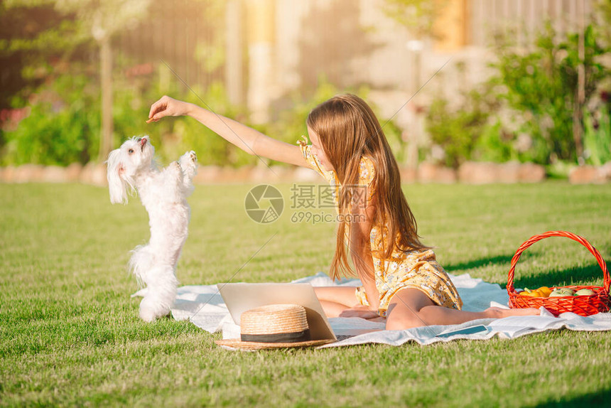 快乐的小女孩和一条狗去野餐玩乐女孩正在户外图片