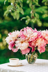 开阔的浪漫早餐花朵瓶桌上咖啡茶柔软的有选图片