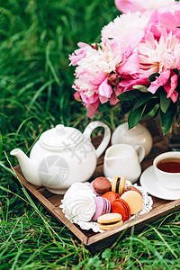 牡丹花瓶茶壶和茶杯图片