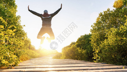 快乐的年轻男人用举起的手和腿跳起来日落时在木林码图片