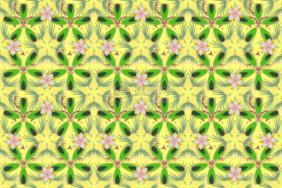在绿色黄色和米色颜的杂乱花卉样式可爱的无缝模式在小花优雅的时尚印花模图片