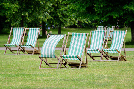 六把白色和绿色条纹的户外花园椅子在新鲜的绿草中展示图片
