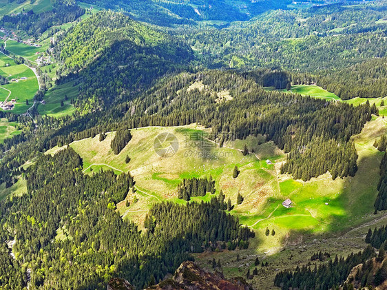 皮拉图斯地块斜坡和山脚下的高山谷中的高山牧场和草原图片