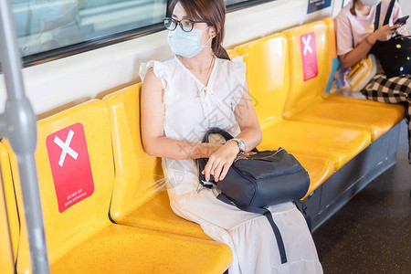 身戴外科面罩的亚洲年轻妇女保护在公共火车上坐着旅游女孩的冠状喷发图片