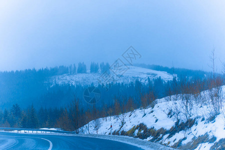 森林中温冬雪景的寒冷小镇风景背景图片