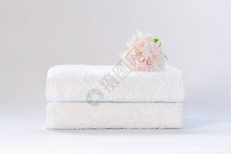 两条白色整齐折叠的毛巾和一朵精细粉红色小马花图片