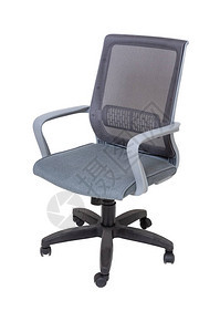 白色背景侧视图上孤立的轮子上的灰色办公室织物椅现代家具内图片