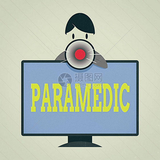 文字书写文本护理人员商业照片展示了一名在紧急医疗工作方面具有专业知识的卫生工作者站在安装的PC显示器屏幕后面说话图片