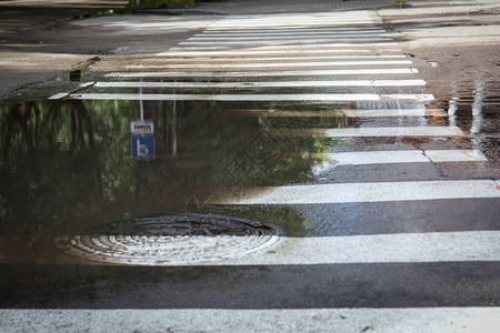 台风过后夏季大雨过后街道横行城市排水系统井背景