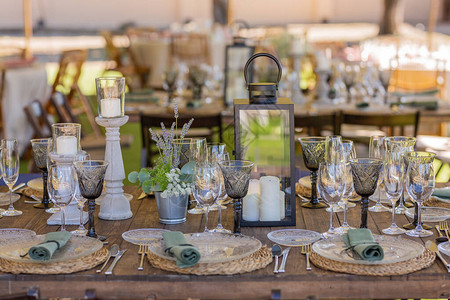 带盘子的户外木桌面纱装饰绿色调杯子餐巾和餐具图片