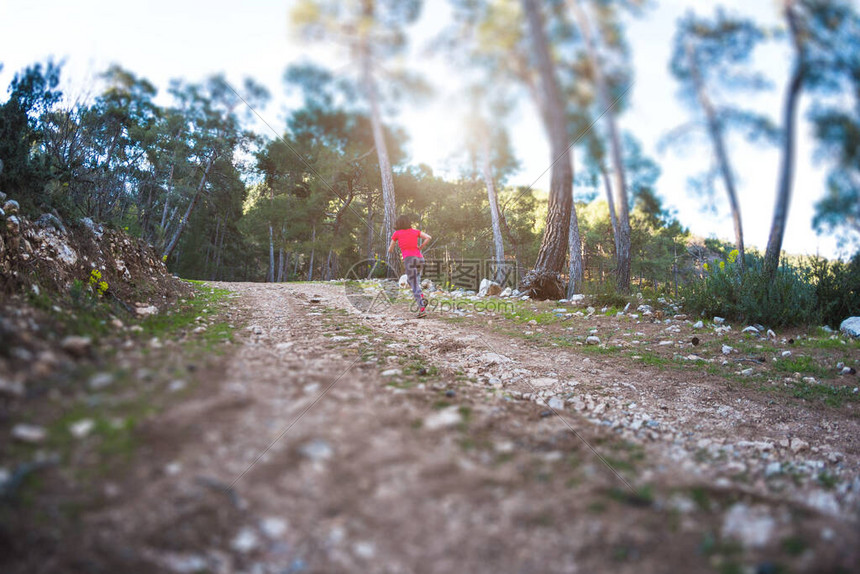 一个女人沿着山路奔跑赛跑者在森林里训练在公园里慢跑的女孩天跑鱼眼镜头图片