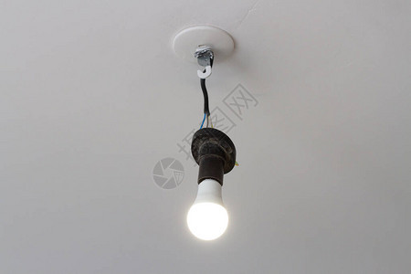 弹筒中的灯泡从天花板上用电线在白色背图片