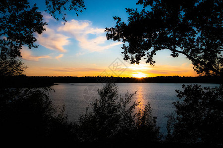 森林湖上壮丽的日落全景图片