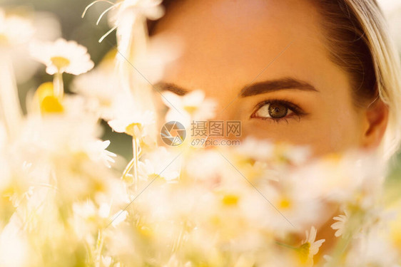 一个阳光女神的肖像拥抱着一帮甘美菊脸上有阳光照图片