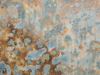 被腐蚀的金属背景黄铜和水绿铜的氧化金属质感生锈的金属表面带有锈迹生锈的腐蚀珐琅上的棕色灰色蓝色和橙图片