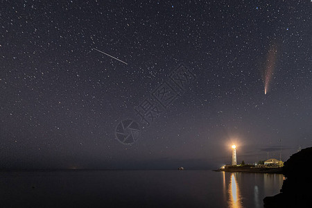 夜空中白色灯塔上新颖彗星的全景人文部人类发展图片