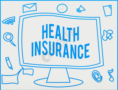 手写文字书写健康保险为被保险人Web应用软件图标的医疗费用融资的概念照片系统围绕空白安装的背景图片