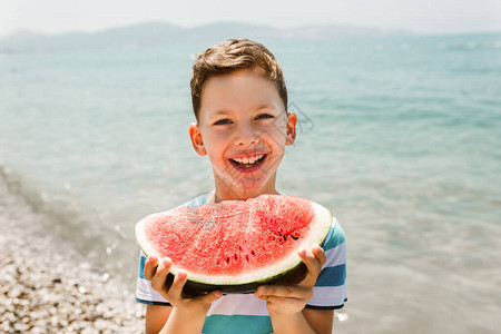 快乐的孩子吃多汁的西瓜孩子们情绪男孩在海滩海岸的背景图片