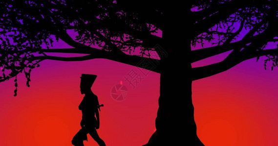 美丽的勇士女孩在日落时站在树下橙图片