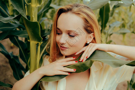 玉米叶中女孩的肖像自然可爱的女孩天然化妆品美背景图片
