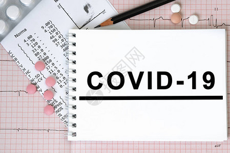 用药丸和铅笔医学概念顶视等放在一张桌上的COVID19文本图片