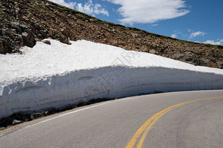 WyomingMontana的Bearooth山口212号高速公路一面雪墙图片