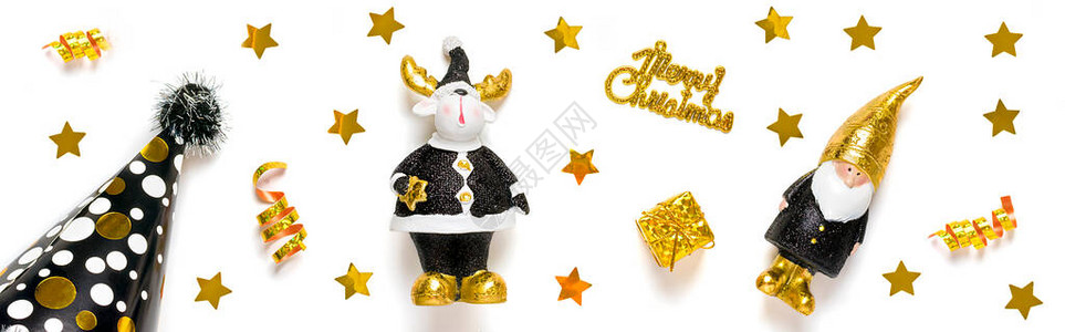 小精灵鹿礼品盒用黑色金闪光装饰的小玩意背景图片