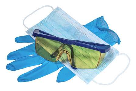 白色背景上的蓝色面罩乳胶手套和防护眼镜药品和图片
